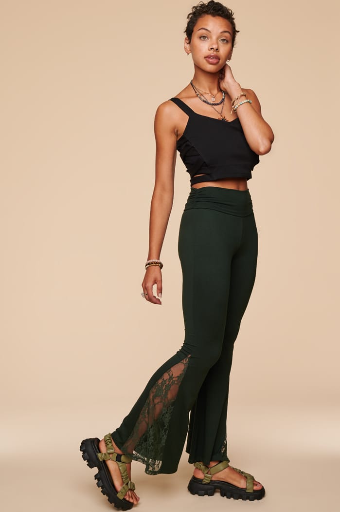 Emerald Lace Detail Flare Pants Earthbound Trading Co