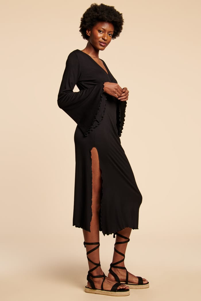 Black wrap maxi dress with sleeves sales