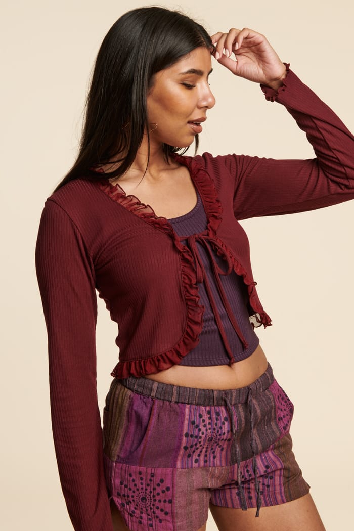 Earthbound Trading Burgundy Lace Hem Tie Cardigan Westland Mall