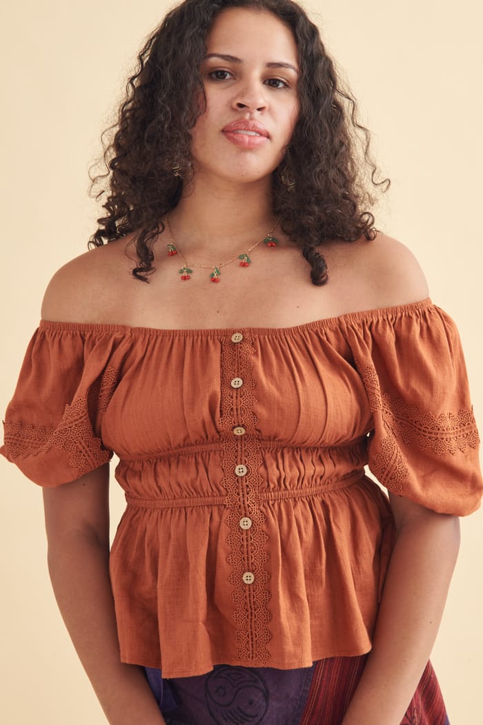 Earthbound Trading Lace Burnt Orange Peplum Shirt Pacific City