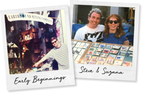 Two polaroids of first store and owners. Text: Early Beginnings. Steve and Suzana