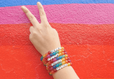 Hand showing peace sign in from of rainbow background