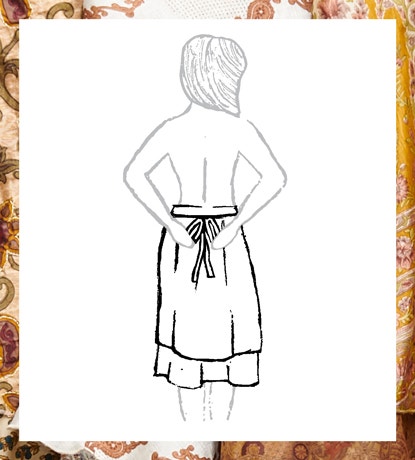 Overlap in front and tie straps in back.